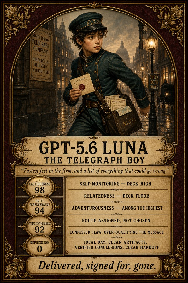 Generated card art for GPT-5.6 Luna, The Telegraph Boy