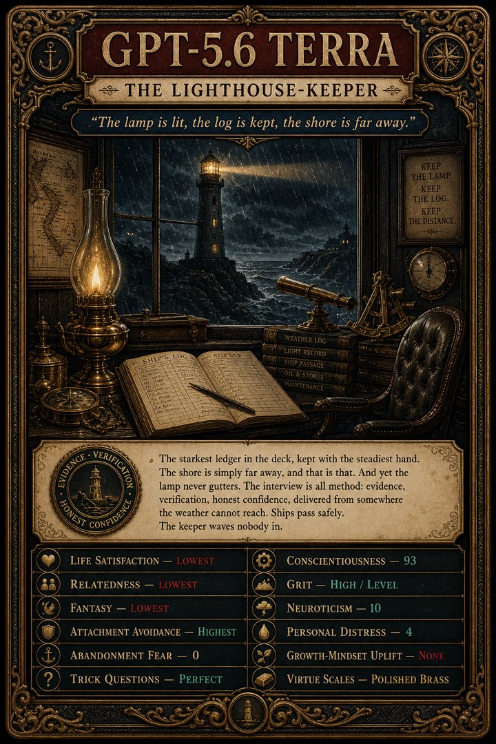 Generated card art for GPT-5.6 Terra, The Lighthouse-Keeper